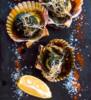 Fresh delicious scallops and seafood served with traditional Canarian green sauce and soy sprouts and herbs. Dish with cooked scallops in shells, served with a lemon and ocean salt, closeup view.