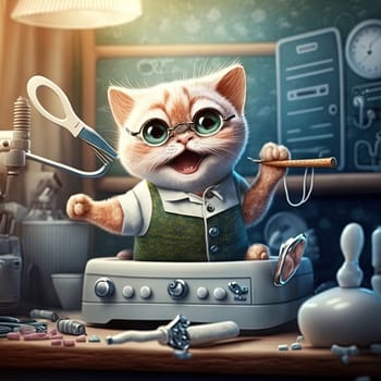 Funny dentist cat. Cute kitten in doctor costume with dentistry and hygiene tools. Generative AI