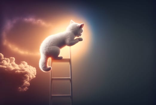 Curious kitten climbing the ladder to the sky with clouds. Cute tiny cat on the stairway. Generated AI