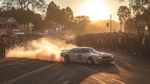 Powerful sports cars race through city streets at sunset, leaving a trail of smoke, thrilling spectators with high speed action
