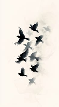A Graceful birds flying in abstract shapes, creating serene atmosphere