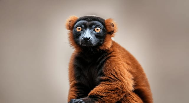 Red ruffed lemur displaying its distinctive orange-red fur and striking facial features. captured in sharp detail, the lemur is set against a soft, neutral backdrop, its vibrant coat and expressive eyes.