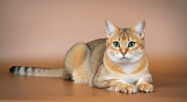 A graceful cat with striking green eyes is resting on a soft, warm brown background. the cat's rich fur displays shades of orange and white, creating a harmonious and cozy atmosphere.