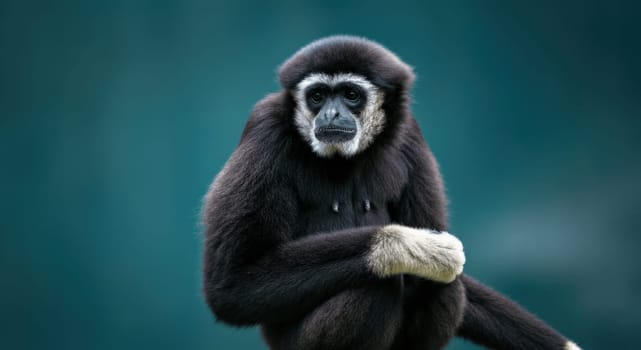 A gibbon sits thoughtfully against a serene green backdrop, showcasing the rich texture of its fur and expressive eyes. this scene emphasizes the importance of primate conservation and the diversity of wildlife.
