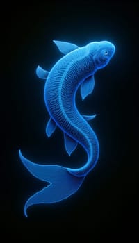 A luminous blue koi fish swims elegantly through a dark underwater setting, showcasing intricate patterns on its body - Generative AI