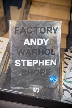 Cremona, Italy - November 27th 2024 Book about andy warhol's factory by stephen shore displayed in a bookstore window