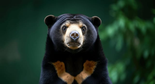 A majestic sun bear stands amidst dense forest greenery, exuding a serene and contemplative presence. its distinct facial markings and glossy fur are prominent against the blurred foliage, symbolizing the beauty and importance of wildlife conservation.