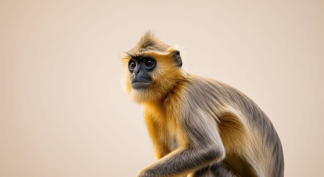 Golden langur with golden fur and expressive face, poised against a neutral light background. highlights unique facial features and captivating eyes. ideal for wildlife conservation themes, animal studies, or educational materials.