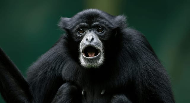 A gibbon with black fur exhibits an animated expression in a lush, green environment. the image highlights the primate's features and captures a moment of natural behavior in the wild.
