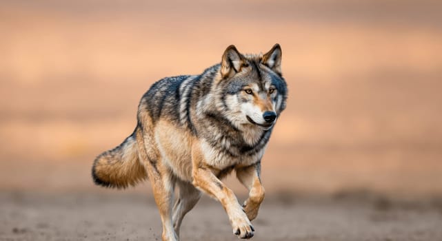 A striking wolf with a thick, gray coat moves gracefully across a sandy terrain. its focused gaze and fluid motion are highlighted by the warm, golden light, reflecting the essence of wildlife and freedom.