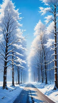 Winter Wonderland Path.The image depicts a serene winter scene with a long, straight path flanked by tall, leafless trees covered in snow. The path is blanketed in snow, with tire tracks visible, suggesting recent activity. The trees' branches are delicately coated with snow, creating a picturesque canopy against a clear blue sky. The scene is tranquil and pristine, capturing the beauty of a winter day.