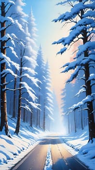 Winter Wonderland Path.The image depicts a serene winter scene with a long, straight path flanked by tall, leafless trees covered in snow. The path is blanketed in snow, with tire tracks visible, suggesting recent activity. The trees' branches are delicately coated with snow, creating a picturesque canopy against a clear blue sky. The scene is tranquil and pristine, capturing the beauty of a winter day.