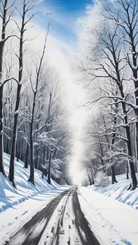 Winter Wonderland Path.The image depicts a serene winter scene with a long, straight path flanked by tall, leafless trees covered in snow. The path is blanketed in snow, with tire tracks visible, suggesting recent activity. The trees' branches are delicately coated with snow, creating a picturesque canopy against a clear blue sky. The scene is tranquil and pristine, capturing the beauty of a winter day.