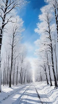 Winter Wonderland Path.The image depicts a serene winter scene with a long, straight path flanked by tall, leafless trees covered in snow. The path is blanketed in snow, with tire tracks visible, suggesting recent activity. The trees' branches are delicately coated with snow, creating a picturesque canopy against a clear blue sky. The scene is tranquil and pristine, capturing the beauty of a winter day.