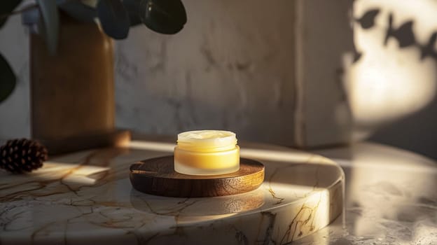 Cosmetic cream in a glass jar. Skin care concept. Background for beauty products