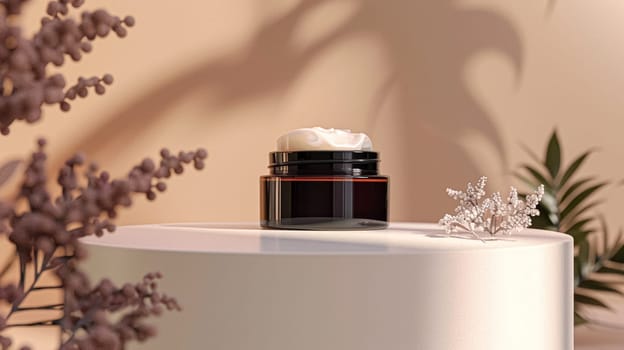 Cosmetic cream in a glass jar. Skin care concept. Background for beauty products