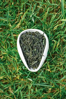 Beautifully presented dry green tea leaves are arranged in a dish placed on a bed of fresh green grass