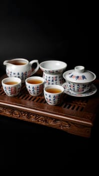 A traditional Chinese tea set is beautifully displayed, showcasing warm tea thats perfect for serene tea ceremonies