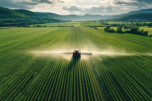 Aerial view of a tractor fertilizing a cultivated agricultural field. Crop care. Field watering.