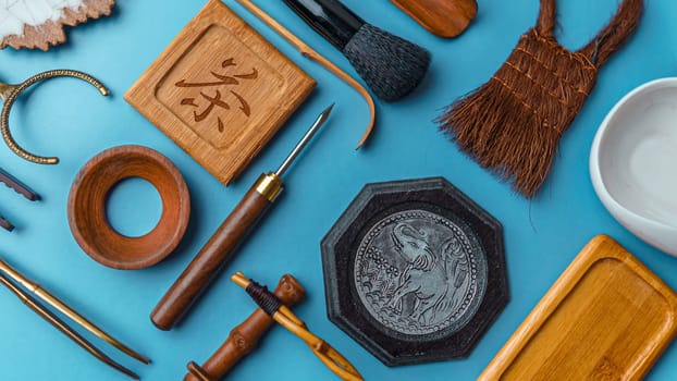 A carefully curated assortment of artisanal tools and supplies specifically for traditional crafts and fine art