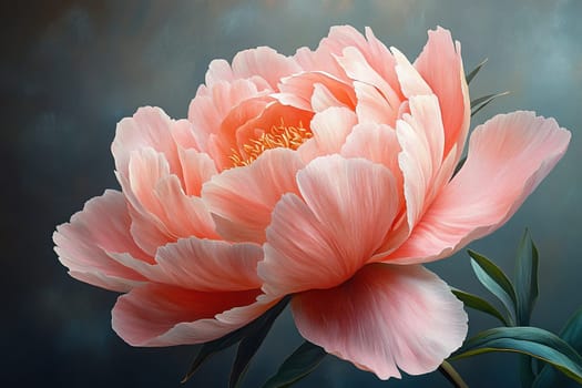 The tenderness of peony petals. Pink peony flower on a blurred dark background