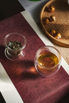 A serene and tranquil setting that beautifully features aromatic herbal tea, elegant glassware, and delightful treats