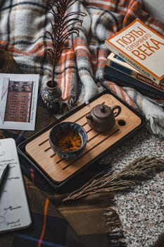 A warm and inviting tea scene that beautifully features a wooden tray, interesting books, and a cozy plaid blanket