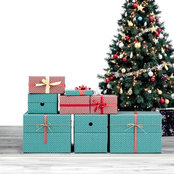 New Year gifts, Christmas tree green holiday white background. High quality photo