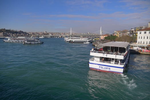 Turkey istanbul 18 july 2023. Transport ferry in the Bosphorus. Ferryboat carries passengers.