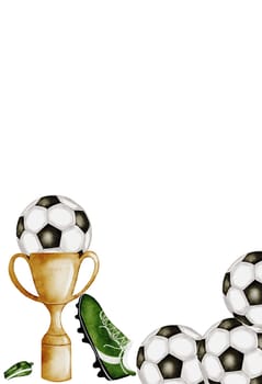 Football watercolor card. Hand drawn composition of a trophy cup, football and sports boot. Clip art of championship equipment on isolated white background. Ideal for posters, flyers and game posters. High quality illustration