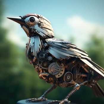 A metallic bird sculpture stands prominently on a pedestal, showcasing intricate details and craftsmanship.