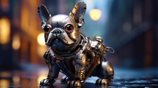 A robotic dog resembling a French Bulldog stands in a dimly lit urban alley. Its shiny metal body features gears and intricate details, showcasing a blend of technology and charm.