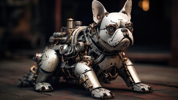 A detailed robotic bulldog features an elaborate steampunk design with metallic elements and intricate craftsmanship. This unique sculpture combines creativity and engineering in a charming form.