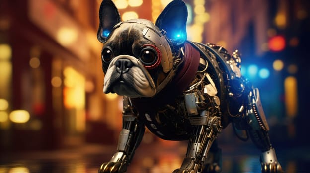 A robotic dog with metallic features and glowing lights stands in a bustling city street. It reflects a blend of technology and creativity, captivating onlookers in its vibrant environment.