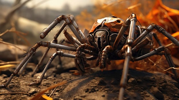 A mechanical spider crawls across a rocky surface in a rugged terrain. Surrounding it is autumn foliage with vibrant colors. The setting depicts a blend of nature and technology.