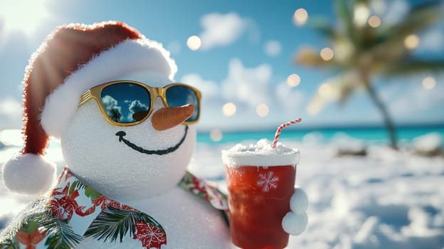 A Snowman wearing sunglasses and Hawaiian shirt, holding festive drink, enjoys sunny beach day
