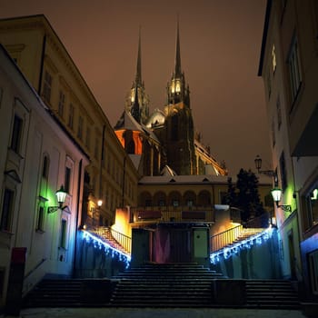 Beautiful old building - architecture - Cathedral of Petrov - Saints Peter and Paul in the center of the city of Brno - Czech Republic.
Christmas decorations in the city center in winter - Christmas time.