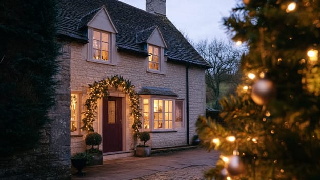 Christmas in the countryside, cottage decorated for holidays on a snowy winter evening with snow and holiday lights, English country styling inspiration