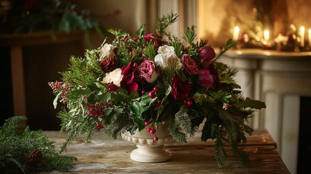 Christmas, holiday decor and country cottage style, cosy atmosphere, decorated Christmas tree in the English countryside house living room with fireplace, interior decoration idea