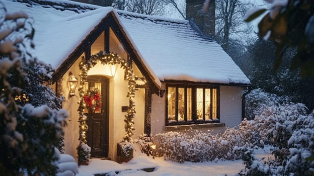Christmas in the countryside, cottage decorated for holidays on a snowy winter evening with snow and holiday lights, English country styling inspiration