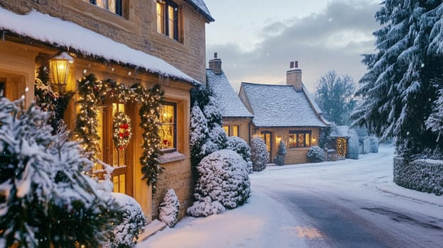 Christmas in the countryside, cottage decorated for holidays on a snowy winter evening with snow and holiday lights, English country styling inspiration