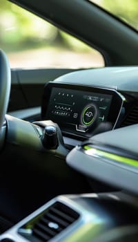 Featuring a modern minimalist interior, this eco-friendly car showcases its advanced energy-efficient air conditioning system. the digital controls and eco-friendly indicators highlight the vehicle's commitment to sustainability.