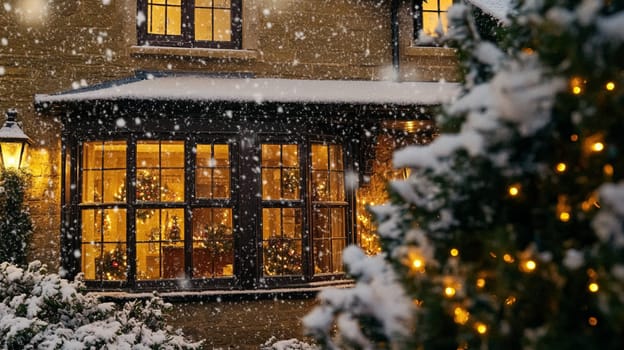 Christmas in the countryside, cottage decorated for holidays on a snowy winter evening with snow and holiday lights, English country styling inspiration