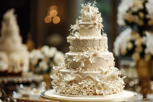 A stunning traditional wedding cake serves as the centerpiece, featuring intricate floral decorations and elegant cane sugar designs. surrounded by soft, romantic lighting, the cake enhances the sophistication of the event.