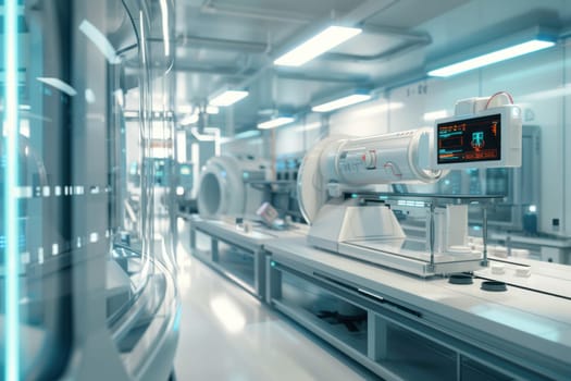 A state-of-the-art x-ray inspection machine operates in a modern industrial environment, meticulously analyzing various components. the scene showcases cutting-edge technology used for quality control and research in manufacturing.
