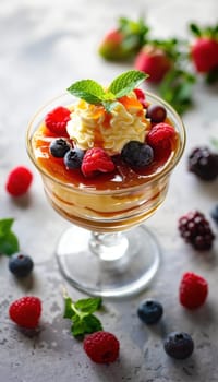 Traditional cane sugar pudding features layers of rich caramel and creamy custard in a glass dish. garnished with fresh berries, this elegant dessert is ideal for gourmet presentations or culinary photography focused on exquisite sweets.