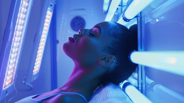 A woman lies peacefully in a solarium, bathed in soft blue light, creating a tranquil atmosphere. her skin glows subtly under the uv lights, the beginning of a gentle tan, evoking themes of relaxation and beauty.