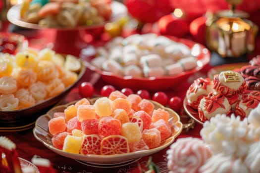 Traditional chinese new year sweets and treats on a decorative table, surrounded by vibrant red accents and festive decorations, including cane sugar candies, all set against a backdrop that embodies cultural traditions and celebrations.