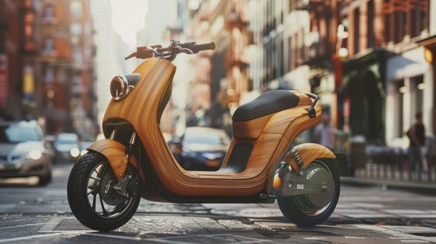A sleek bamboo electric scooter is parked amid bustling city traffic, representing a new wave in eco-friendly urban transportation. the scooter's innovative design stands out against the vibrant backdrop of urban life, sustainability.