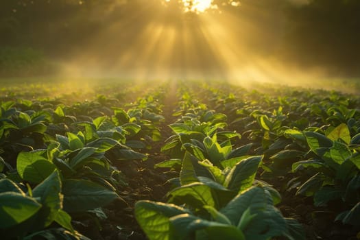 Sunlight casts a warm glow over a tobacco plantation at dusk, orderly rows of lush plants. the serene landscape essence of agricultural life, blending natural beauty with the calmness of the countryside.